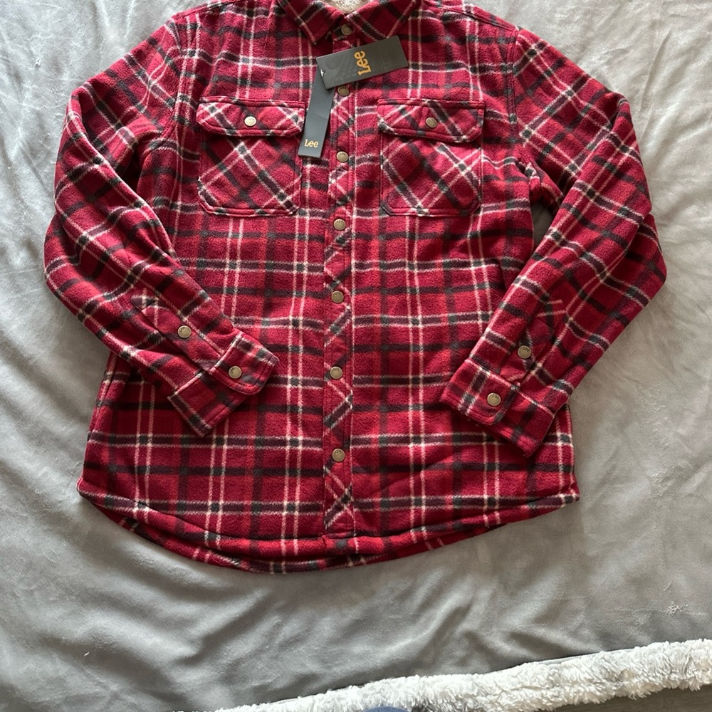 Lee Men M $70 Fleece Sherpa Lining Shacket Red Black Plaid Button Shirt Jacket